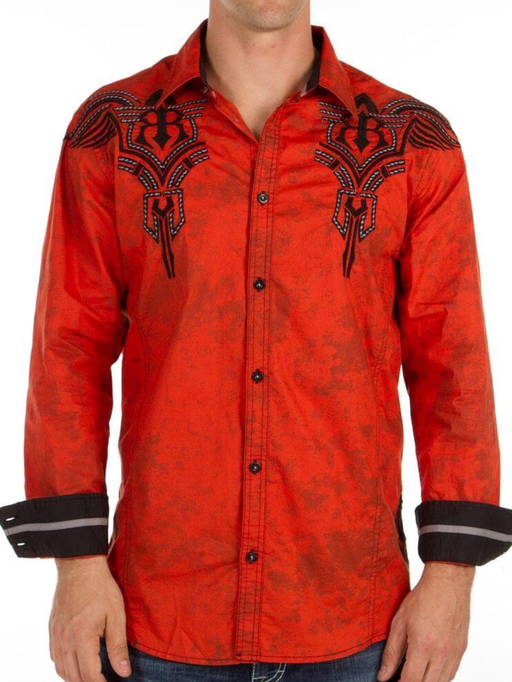 Roar Burnt Orange Long-Sleeve Button-Down Shirt with Black Embroidered Shoulders